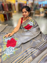 Navy Tussar Brocade Saree With Statement Red Rose Embroidery. SS50468