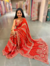 Orangish Red Kareena Inspired Gorgette Saree with allover mirrors SS5039