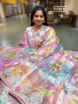 Dusty Pink Printed Organza Tissue stripes saree with embroidery