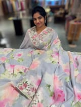 Lilac Printed georgette Saree With Tissue Embroidered Border SS5055