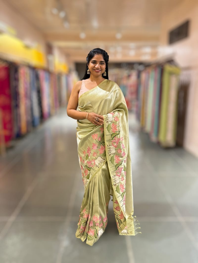 Pista Banarasi Brocade Saree with Pichwai Embroidered Skirt Border. SS5088