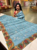 Dusty Blue Silk kota and pen kalamkari fusion saree with pita emb