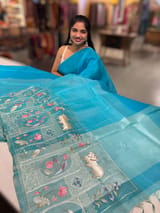 Copper Sulphate Blue Kora-Tussar blend Handloom Saree with Tissue embroidered Skirt Border