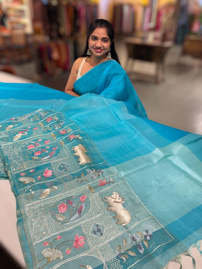 Copper Sulphate Blue Kora-Tussar blend Handloom Saree with Tissue embroidered Skirt Border
