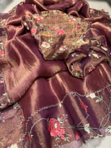 Wine Pure Tissue Saree with embroidered border