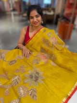 Mango Yellow Designer Organza with Tissue applique work