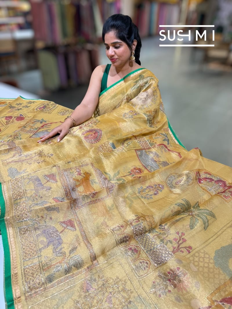 Golden Yellow Banarasi printed Tissue saree with handwork S62F056