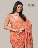 Orange Designer Printed Crepe Silk Saree