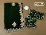 Bottle Green Micro Velvet Saree with heavy handwork