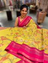 Lemon Yellow Tissue Gorgette Fusion Saree with vidarbha Borders