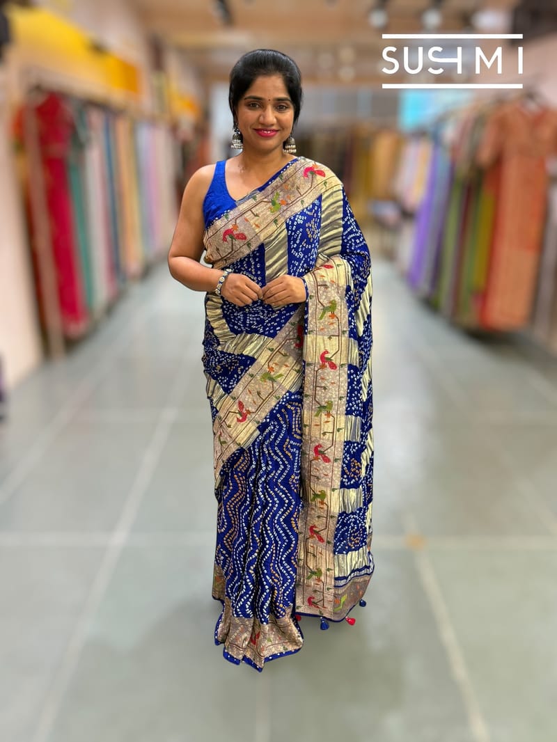 Royal Blue bandhej saree with embroidery : S62F203