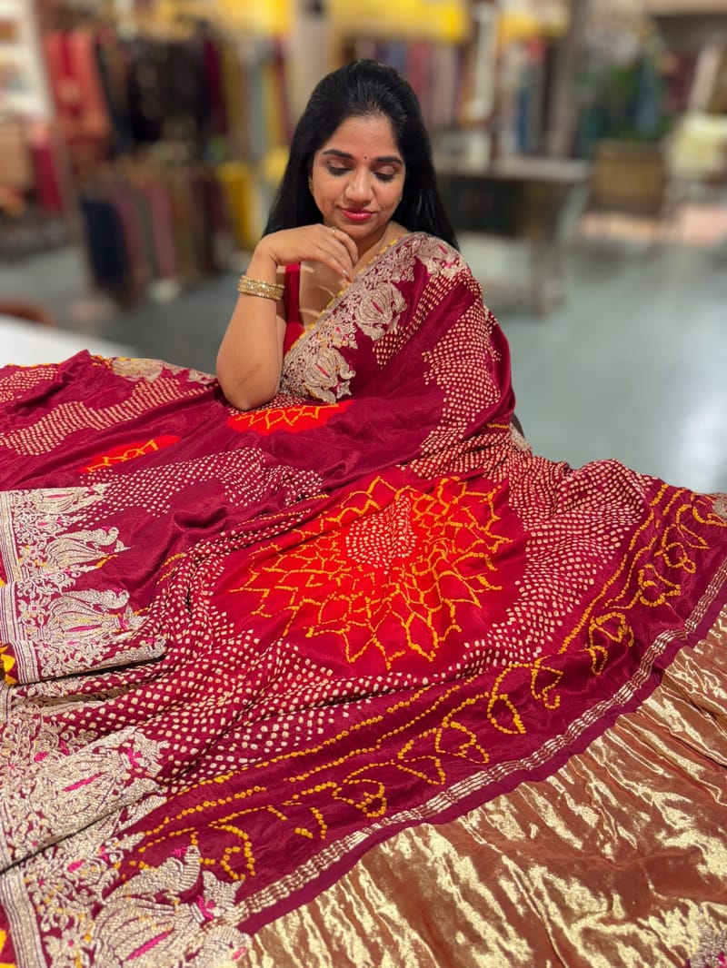 Burgundy Designer Rai Bandhej Saree With Embroidered Border SS50486