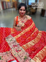 Orange bandhej saree with embroidery : S62F204