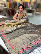 Lenin Tissue Saree with petite point Embroidered Border
