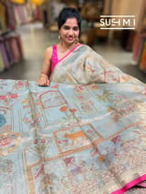 Dusty Blue Banarasi printed Tissue saree with handwork D62F055