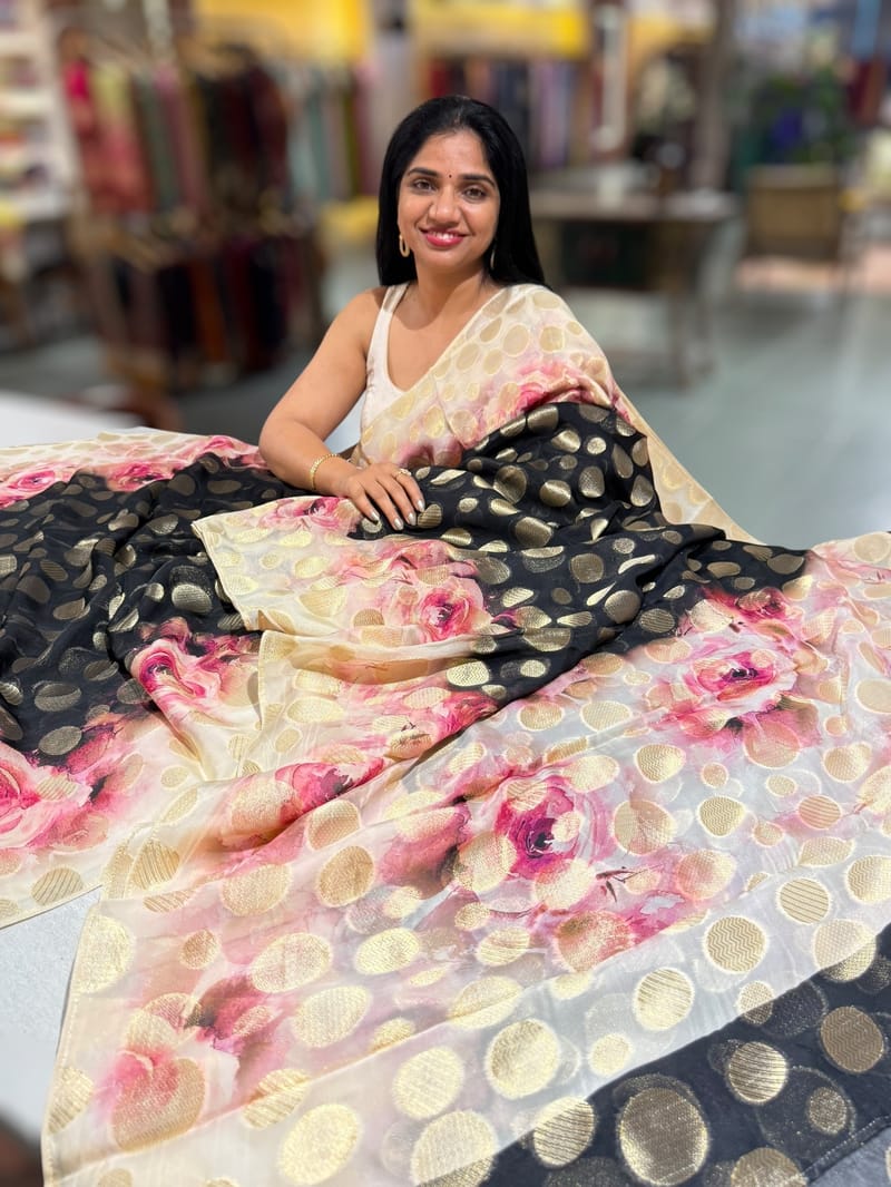 Black Banarasi Kora Gorgette Polka dot Printed Saree SS5056