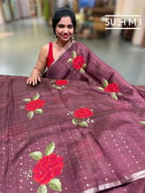 Winish Brown muslin tissue stripes saree with hibuscus emb