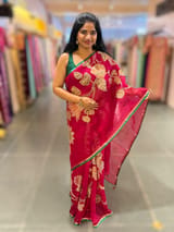 Dark Pink Designer Organza with Tissue applique work