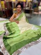 Ivory & Green Combo Chinnon Crepe Saree with Gotapatti Borders SS50611