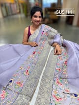 Lilac Organza Banarasi Fusion Saree with Bird Appliqué