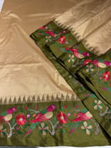 Beige kanchi vintage checks soft silk saree with pythani inspired parrot embroidered border SS50130