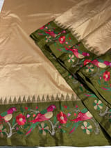 Beige kanchi vintage checks soft silk saree with pythani inspired parrot embroidered border SS50130
