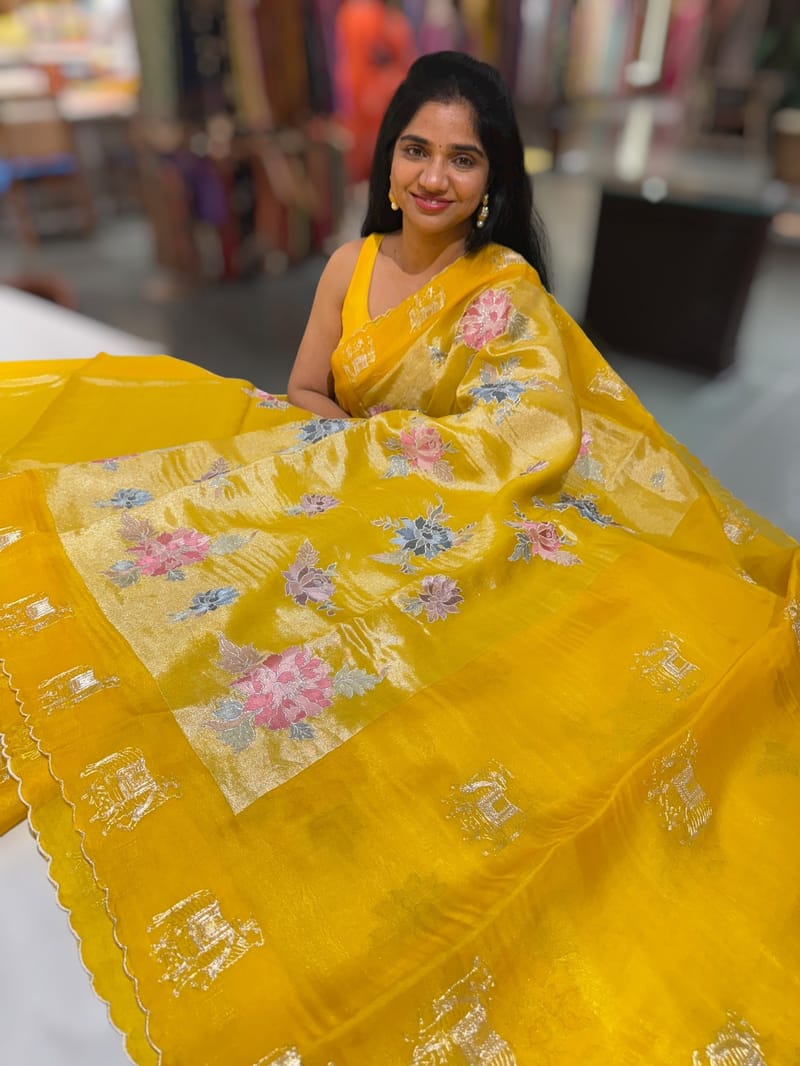 Yellow Premium Handloom Designer Tissue saree with exquisite embroidery SS50233