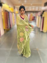 Light Olive Green Tissue Georgette Saree with petite point emb SS50112