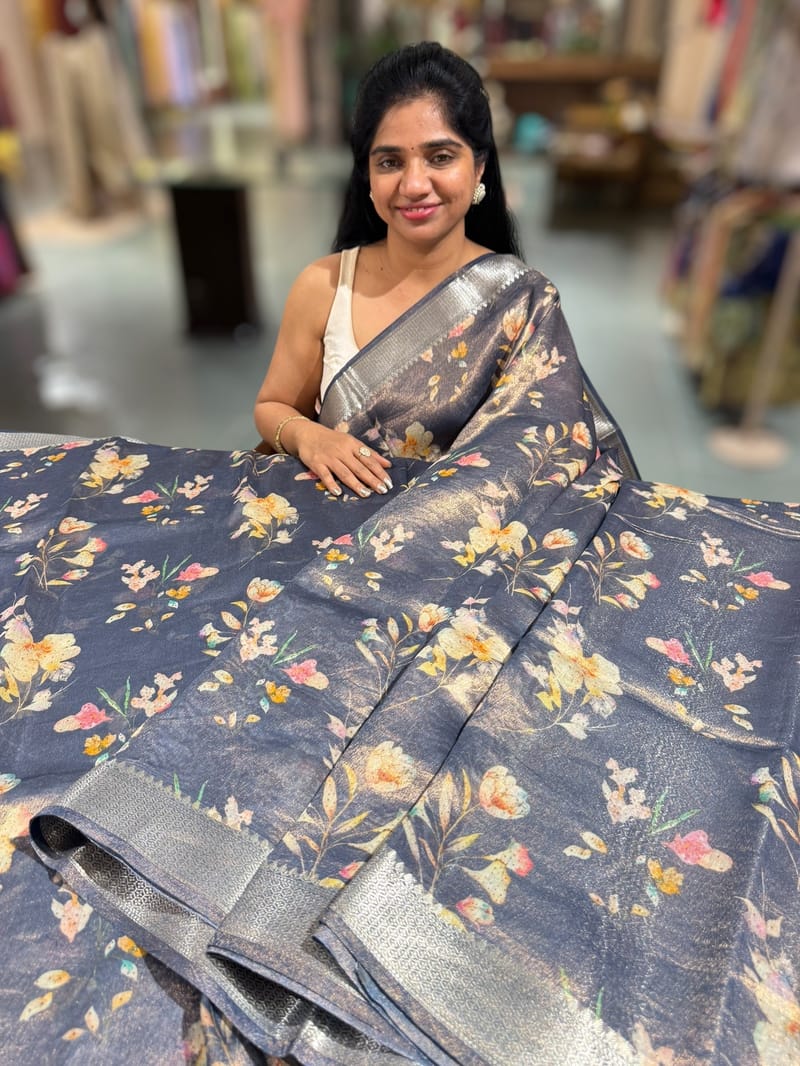 Midnight Blue Printed Banarasi Cotton Tissue SS50561