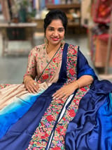 Chickoo & electric Blue Pure Satin Ombre Dyed Saree with Petite Point Embroidered Border and blouse.
