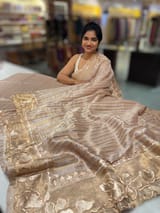 Beige Gold Mul Tissue Stripes Saree With Tissue Cutwork  Border & Blouse