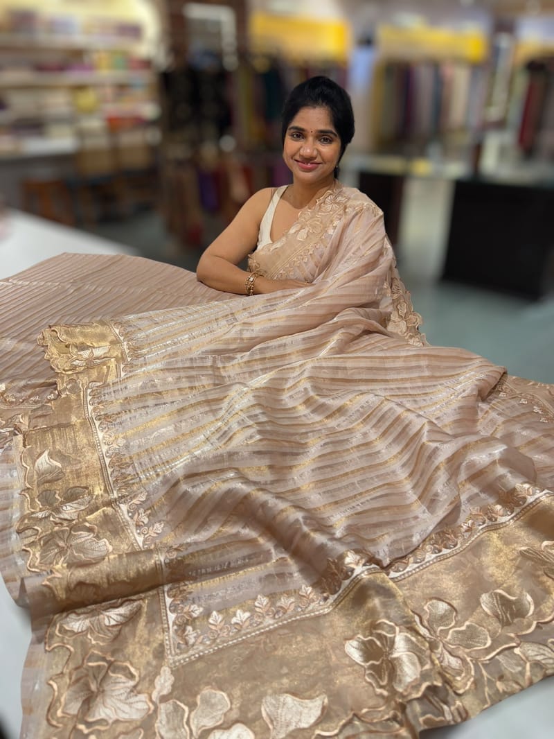 Beige Gold Mul Tissue Stripes Saree With Tissue Cutwork  Border & Blouse