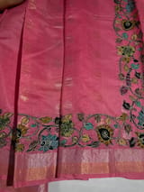 Peach Pink chanderi silk cotton saree with kalamkari applique border SS50530