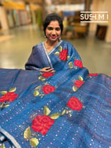 Light Indigo Blue muslin tissue stripes saree with hibuscus emb