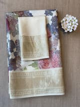 Ivory Pure Handloom Chiniya Silk Saree with stunning 3D Floral Print and zari borders SS50101