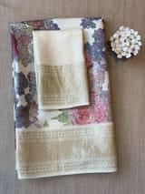 Ivory Pure Handloom Chiniya Silk Saree with stunning 3D Floral Print and zari borders SS50101