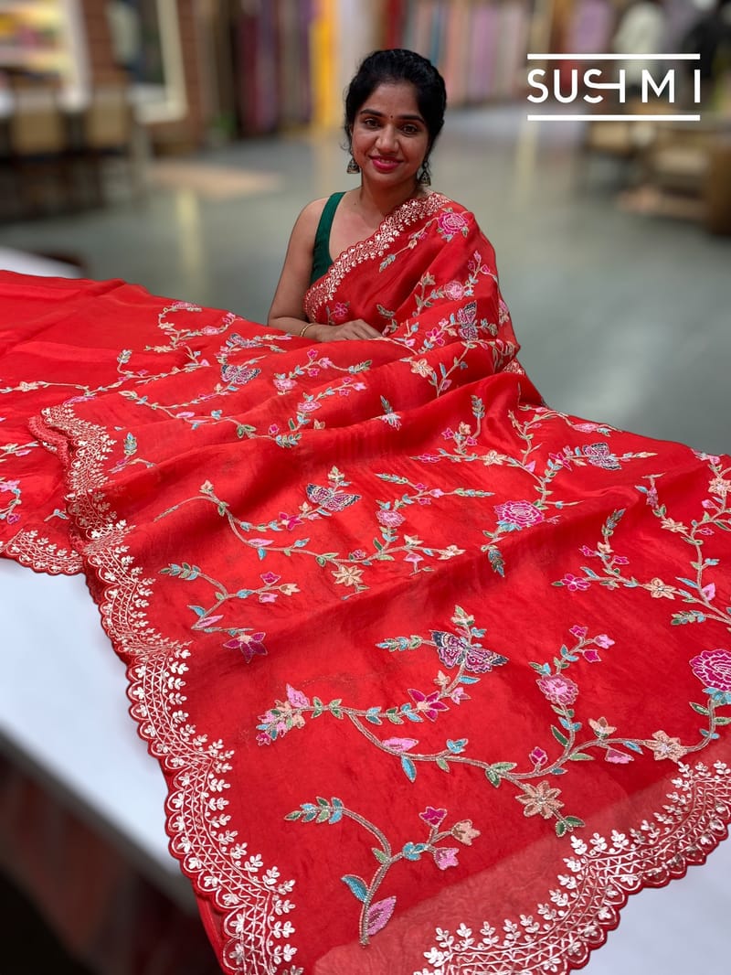 Red Pure Organza with petite point embroidery: S62F170