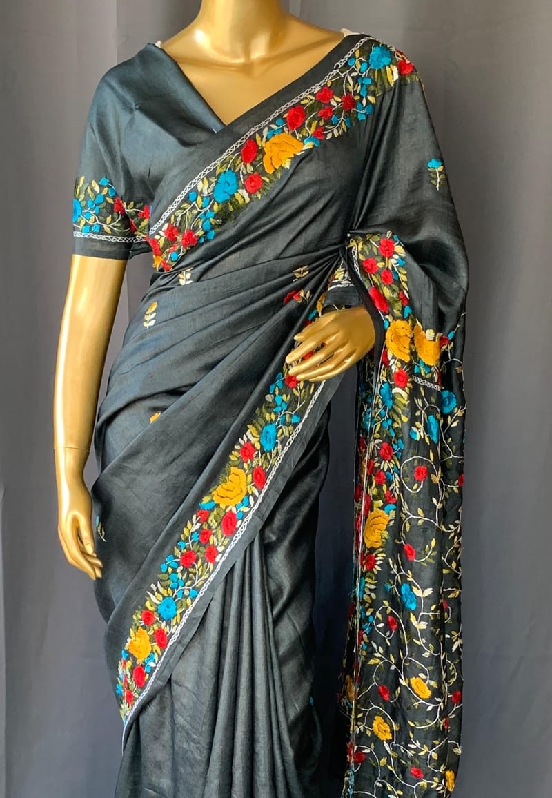 Elephant Grey Pure Handloom Tussar Saree