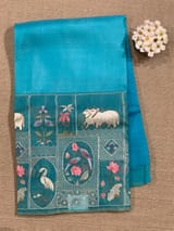 Copper Sulphate Blue Kora-Tussar blend Handloom Saree with Tissue embroidered Skirt Border