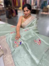 Mint Pure Organza Saree with banarasi pitawork border and bird applique motifs allover the saree SS50301