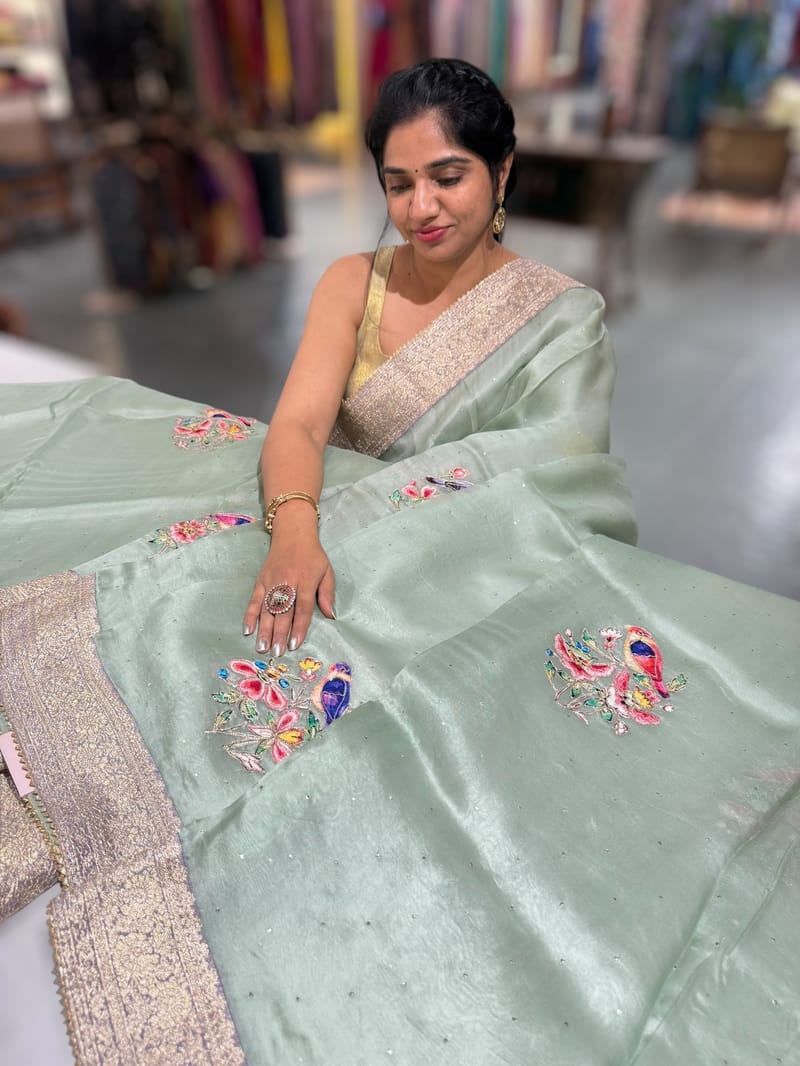 Mint Pure Organza Saree with banarasi pitawork border and bird applique motifs allover the saree SS50301