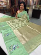 Sea Green Banarasi Tissue saree with swan embroidery SS50404