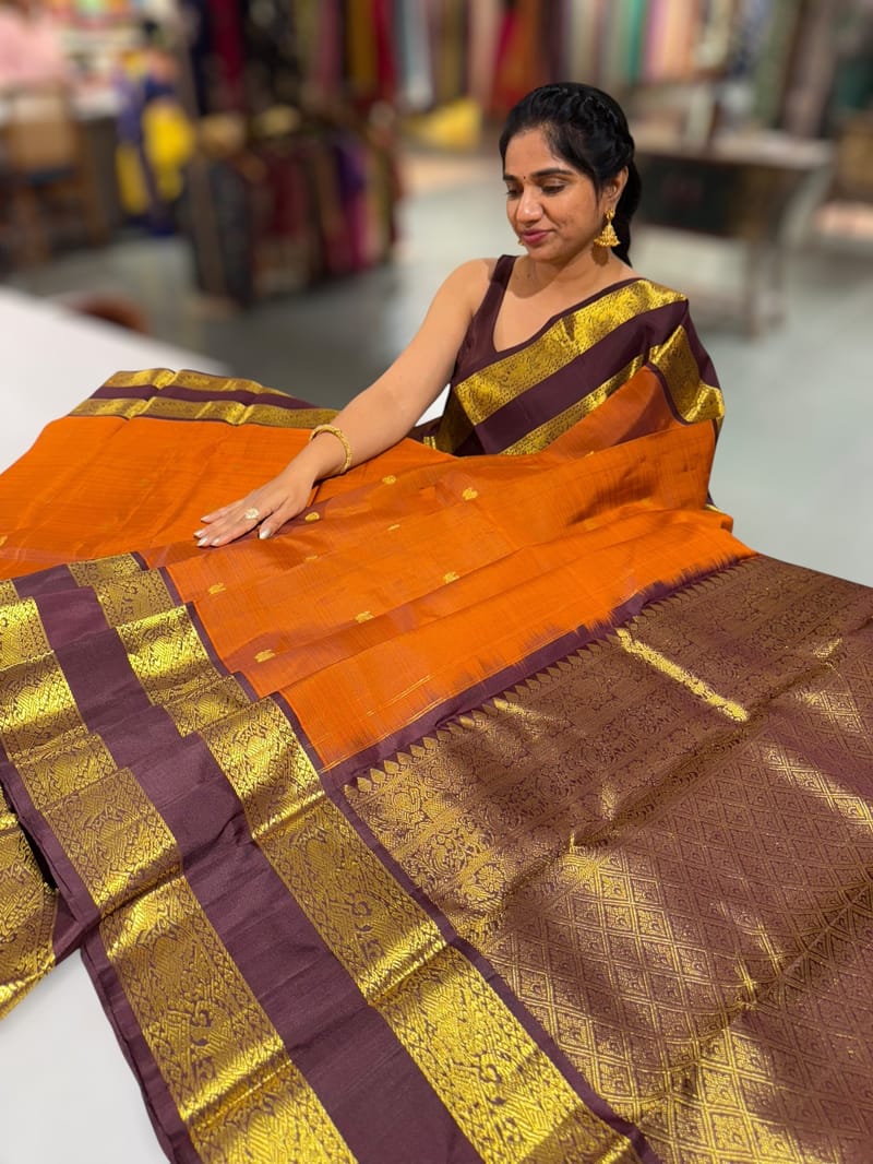 Rust Orange and Winish Brown Vintage  Kanchipuram Gap border Saree SS50174