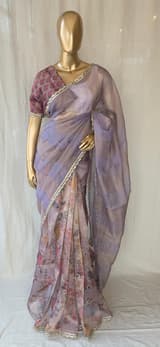 Mauve tissue saree in half and half style with floral and birds