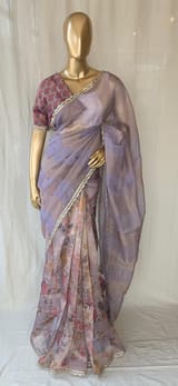 Mauve tissue saree in half and half style with floral and birds