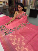 Peach Pink chanderi silk cotton saree with kalamkari applique border SS50530