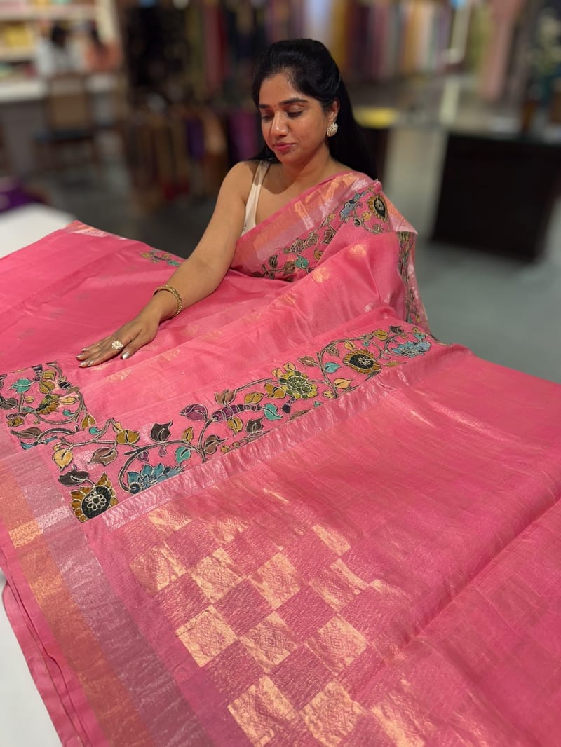 Peach Pink chanderi silk cotton saree with kalamkari applique border SS50530