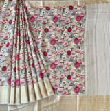 Ivory Pure Handloom Chiniya Silk Saree with stunning Floral Print and zari borders SS5097