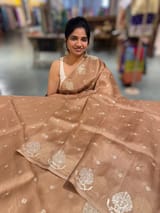 Nude Brown Organza Saree With Embroidery & Tussar Printed Blouse SS50328