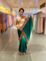 Chickoo and emerald Green Pure Satin Ombre Dyed Saree with Petite Point Embroidered Border and blouse.